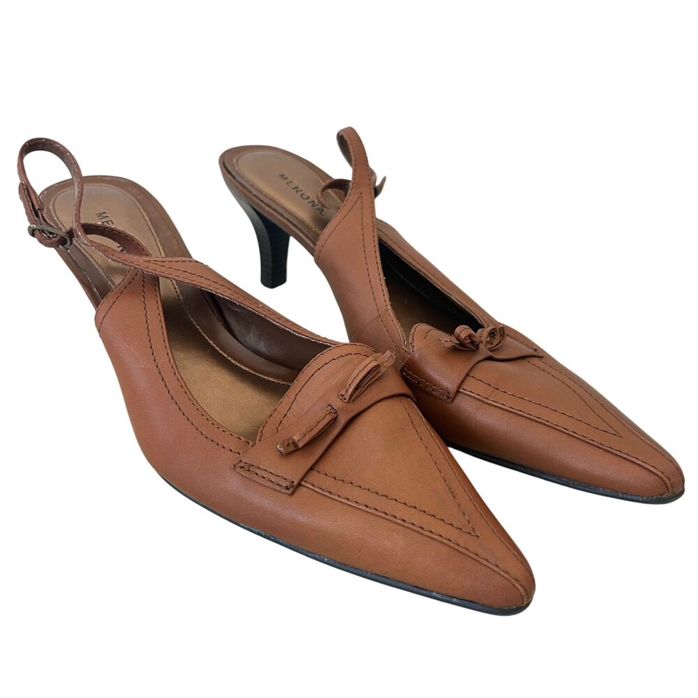 Vintage Merona Abby leather Sling back kitten Heel pointed toe bow coaquette 10 - Picture 2 of 12